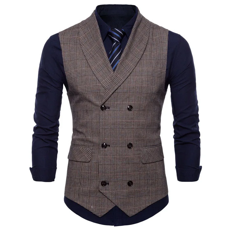 V Neck Double Breasted Vest Slim Fit Plaid Waistcoatcasual Vests for Men