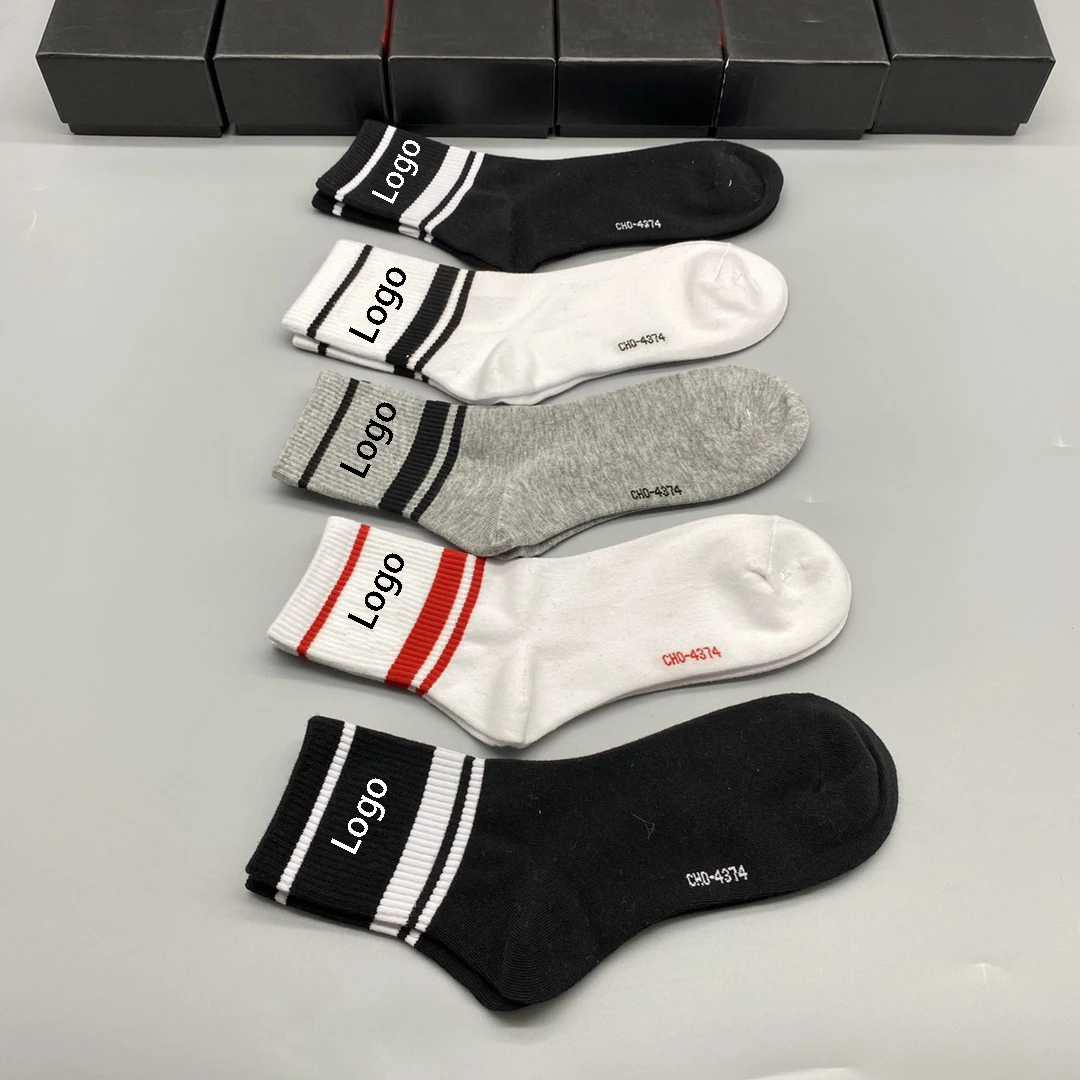 Box Socks for Men Women Classic Stripes Solid Younger Sports Socks 5 Pairs Branded Boys Girls Breathable Cotton Sock