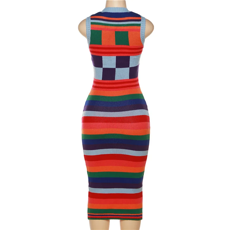 Colorful Plaid Striped Sleeveless Midi Round Neck Women Fall Knit Dress 2022
