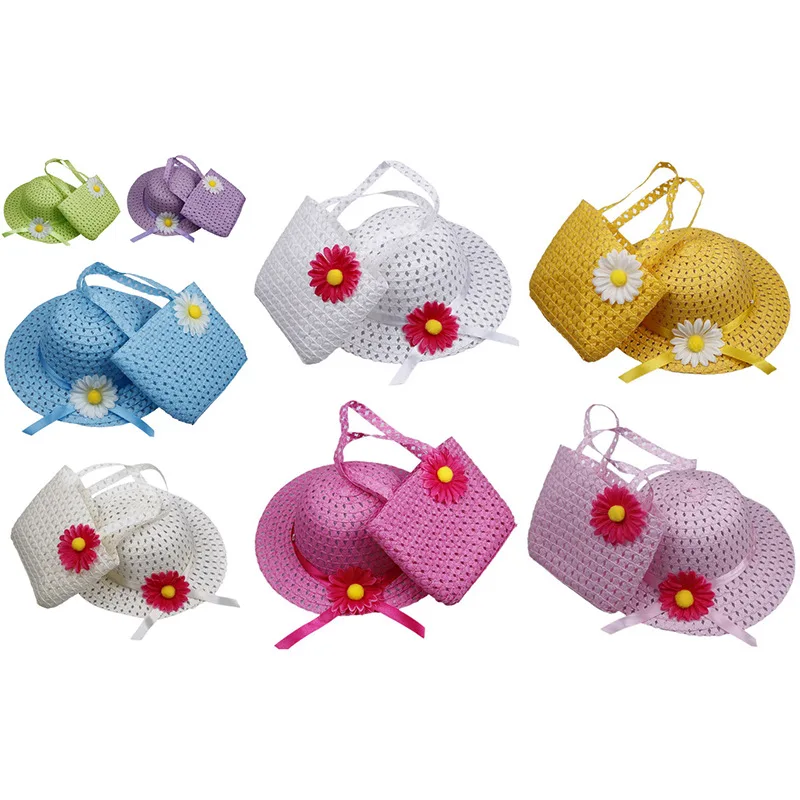 D1257 прекрасный подсолнечника Детская шляпа для девочек пляжная соломенная шляпа Сумка-тоут Сумки из натуральной кожи Сумочка в комплекте