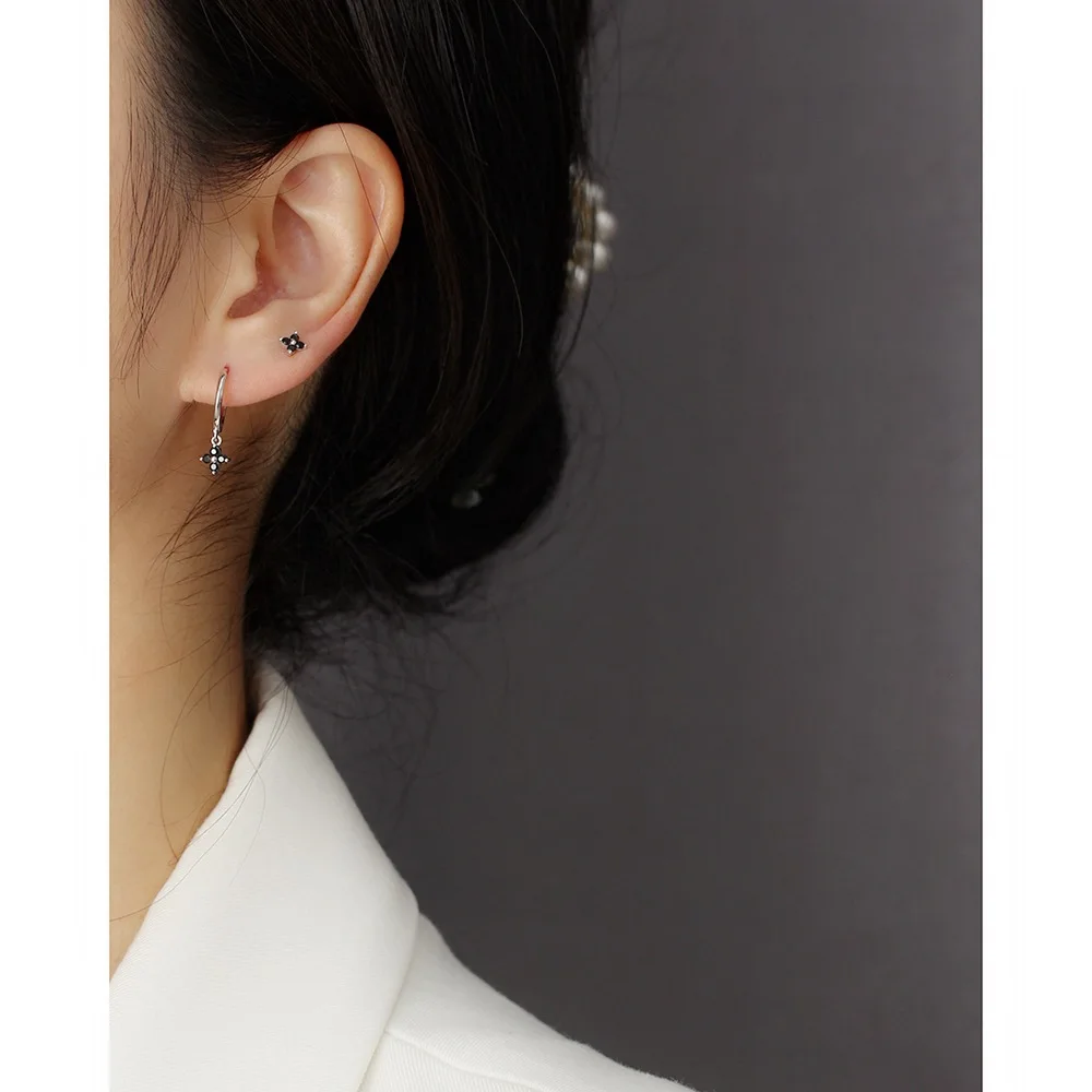 NEW 925 Sterling Silver Red Turquoise Purple Black Cz Diamond Minimalist Four Clover Flower Charm Stud Earrings