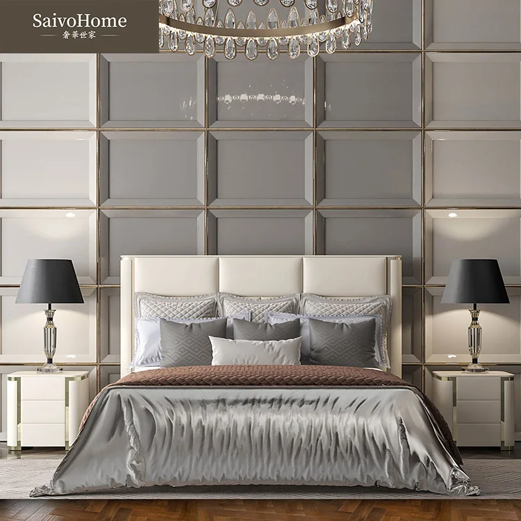 Luxury big headboard wooden bed frame king size bed set furniture bedroom double leather modern style soft leather bed