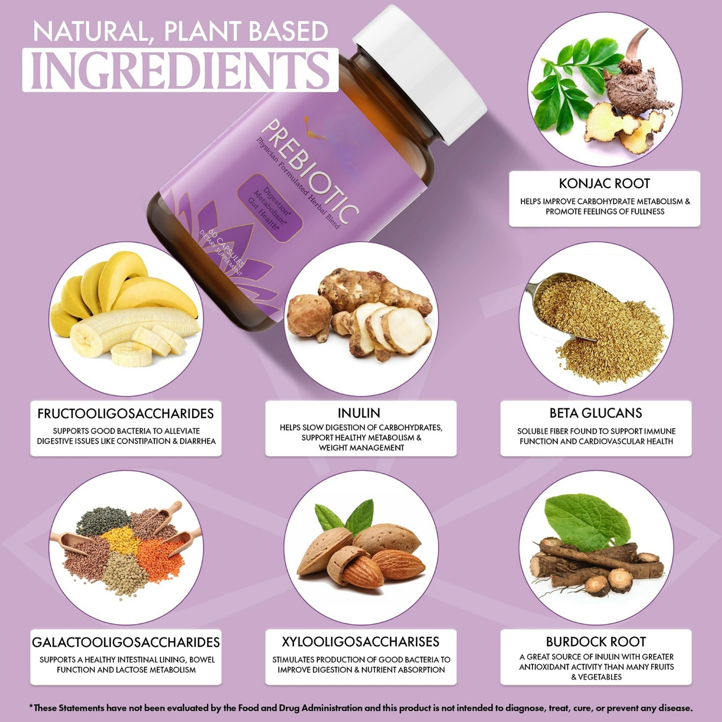 Prebiotic Fiber Capsule for Gut Health Inulin FOS XOS Daily Fiber Capsules Organic Pre Biotic Supplement Healthy Herbal Blend