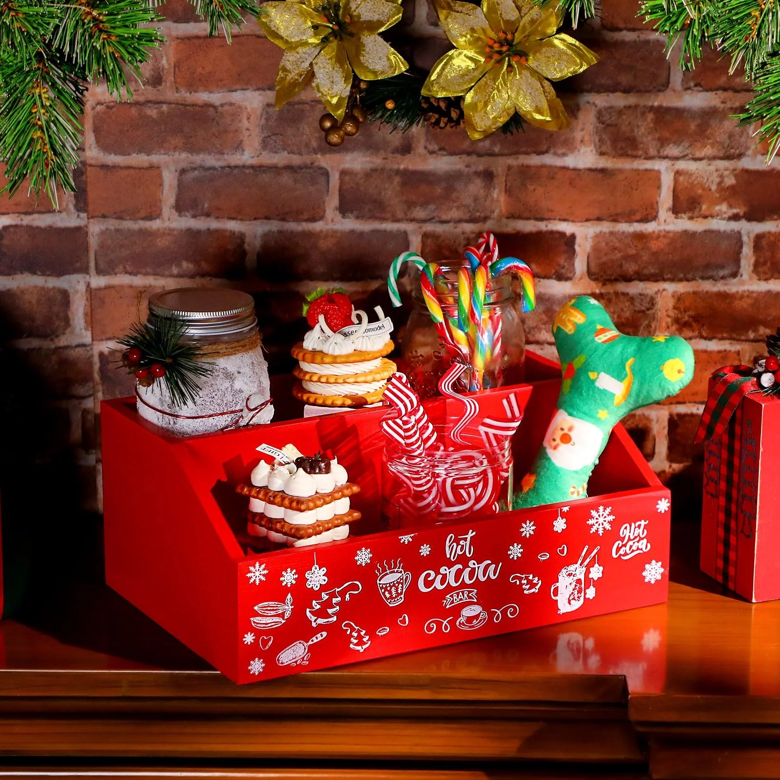 Christmas Hot Cocoa Bar Wood Storage Box Red Hot Chocolate Decorative Box Double Layer Cute Wooden Storage Bins For Home Kitchen