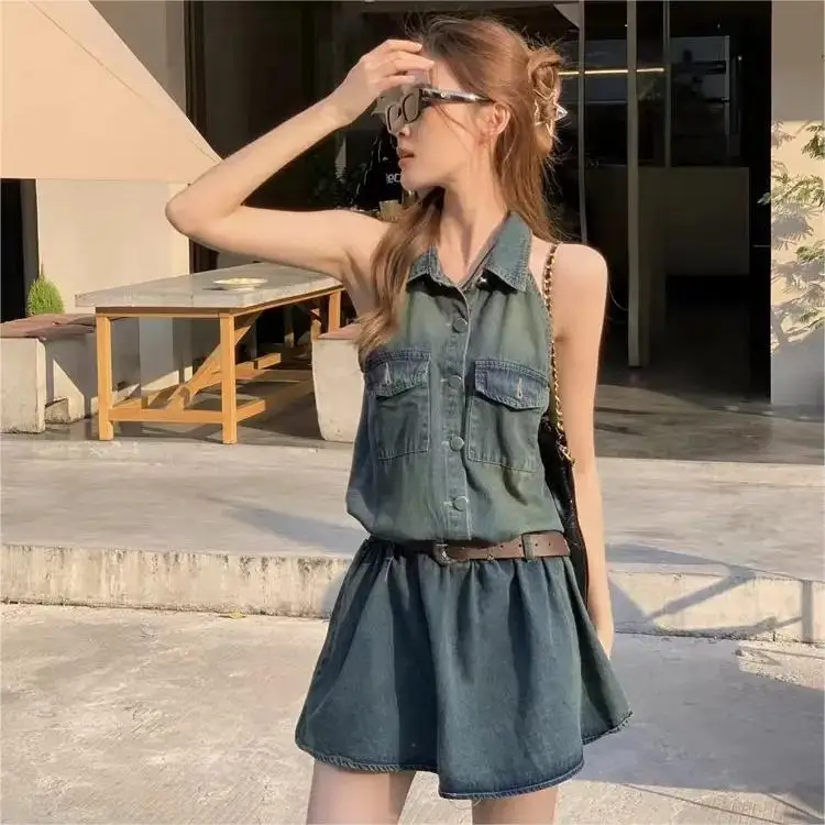 OEM Casual Solid Turn Down Collar Sleeveless Button Dresses Summer Mini Cotton Denim Flare T-Shirt Dress Women Sexy With Pockets