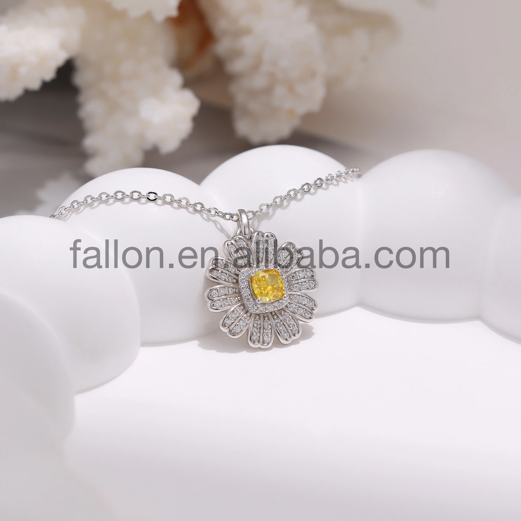 S925 5A+ CZ Stone Original Design Yellow Special cutting Zircon Daisy-Shaped White Gold Plated Sterling Silver Pendant Necklace