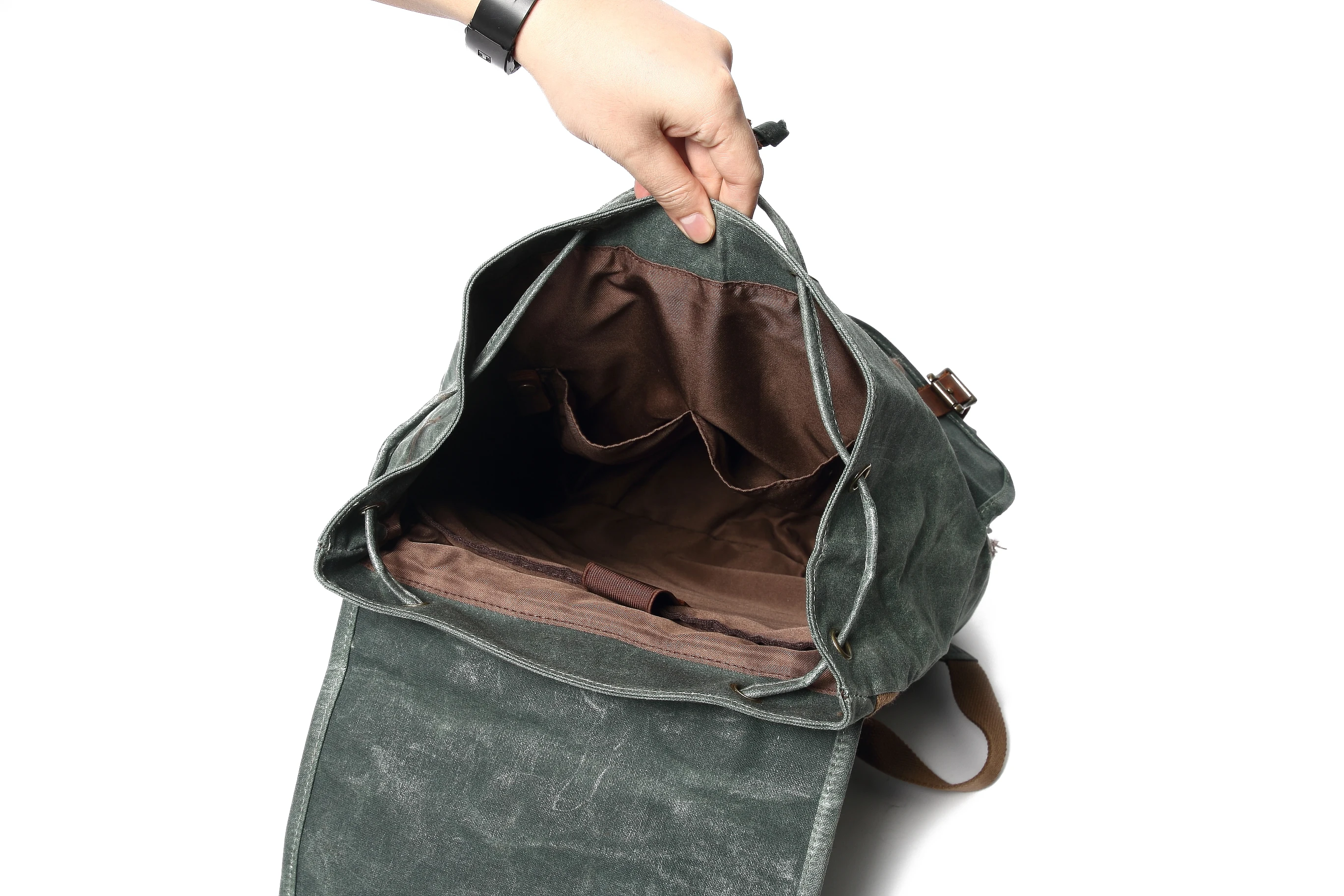 
Heavy waxed canvas crazy horse leather bagpack waterproof laptop drawstring backpack 