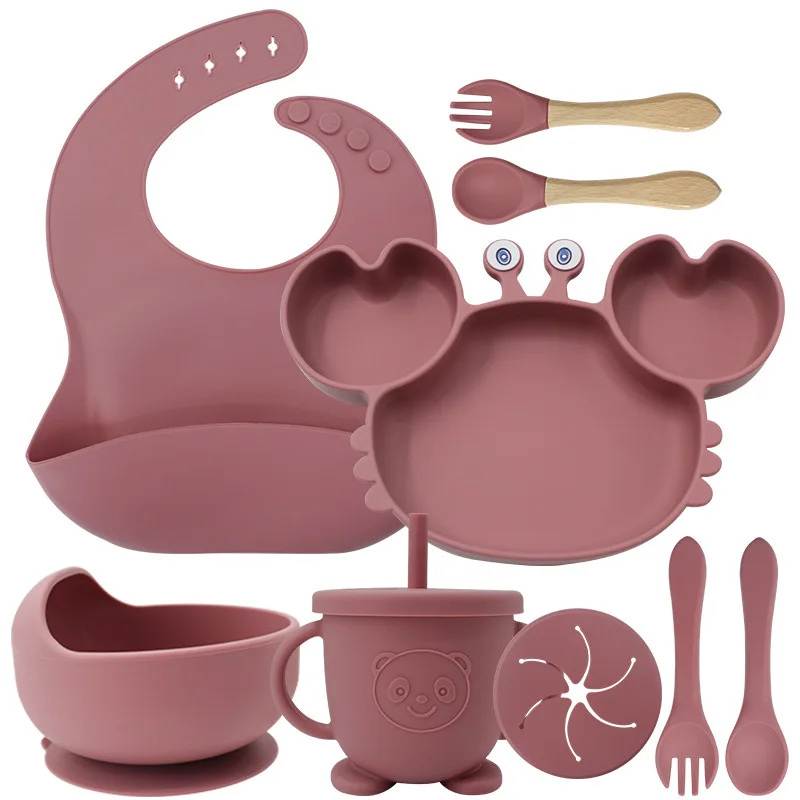 BPA Free Crab Silicone Baby Dishes Suction Bowl and Spoons Silicone Baby Bibs Silicone Baby Feeding Set
