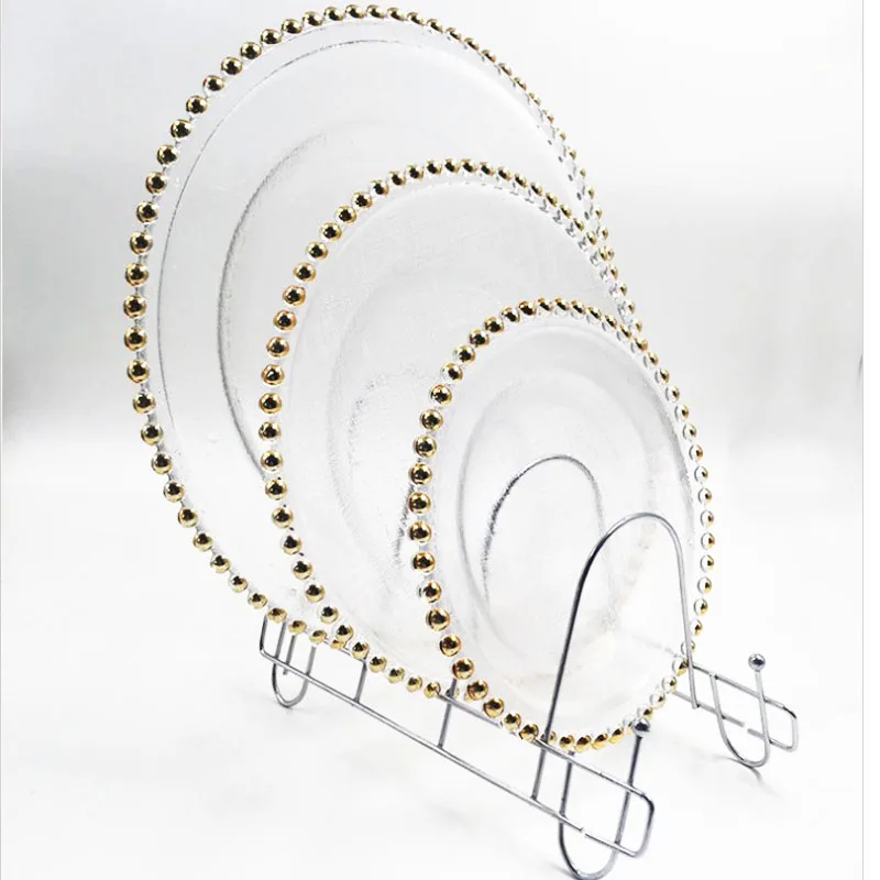 Wholesale Wedding Clear Silver Gold Beaded Glass Charger Plates