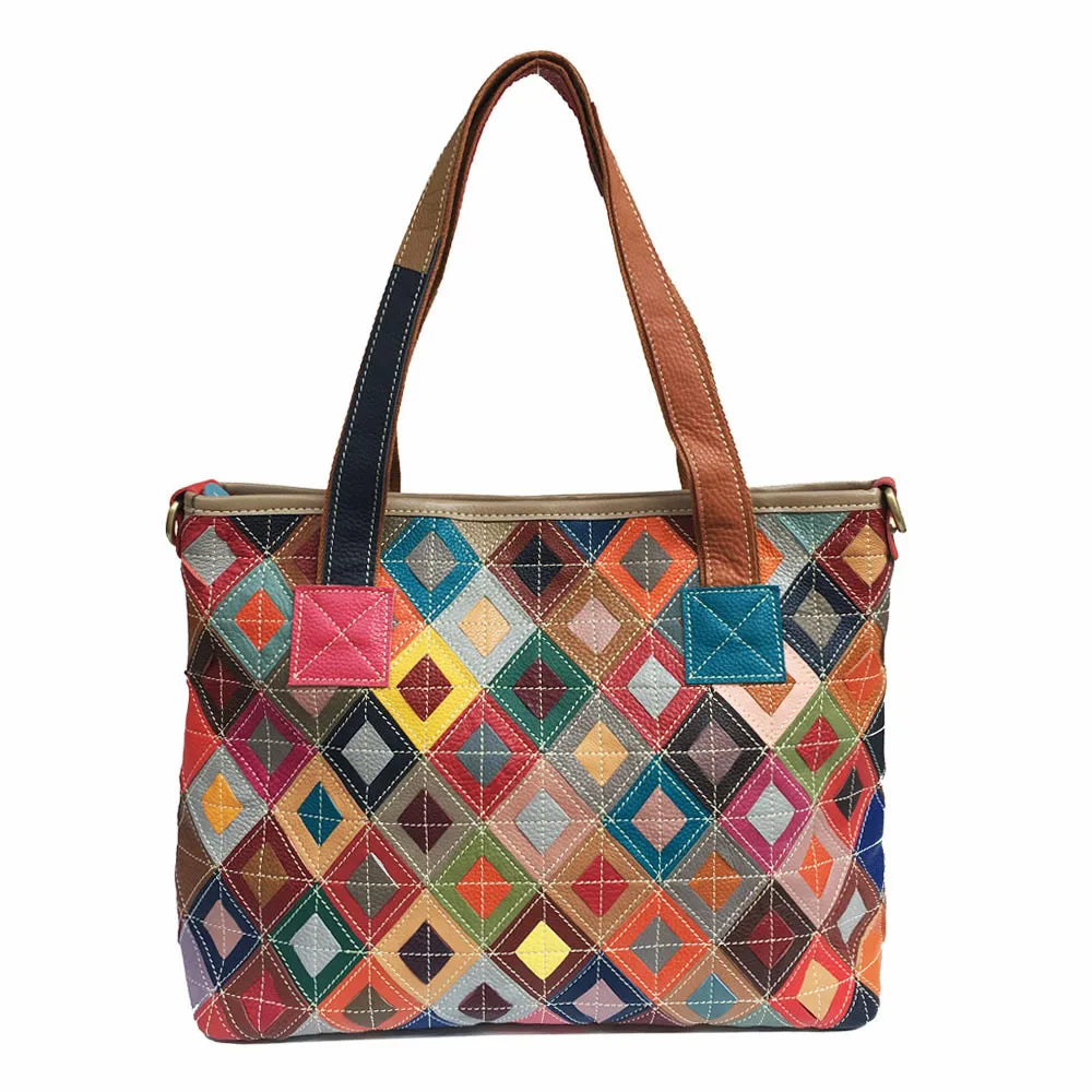 designer woman lady vintage casual street bohemian contrast color diamond check patchwork leather totebag shoulder crossbody bag