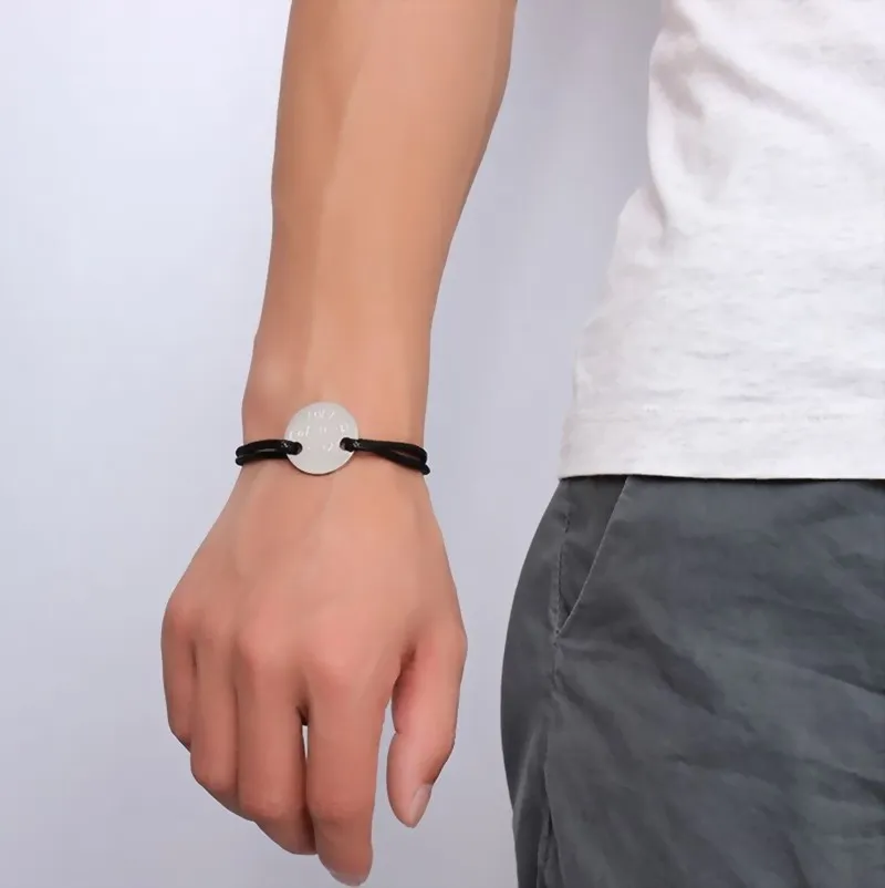 Hot Sales Promotional Gift  Custom Stainless steel Black Wax Cord Bracelet With Logo Engraved Medical Symbol Bracelet Tags