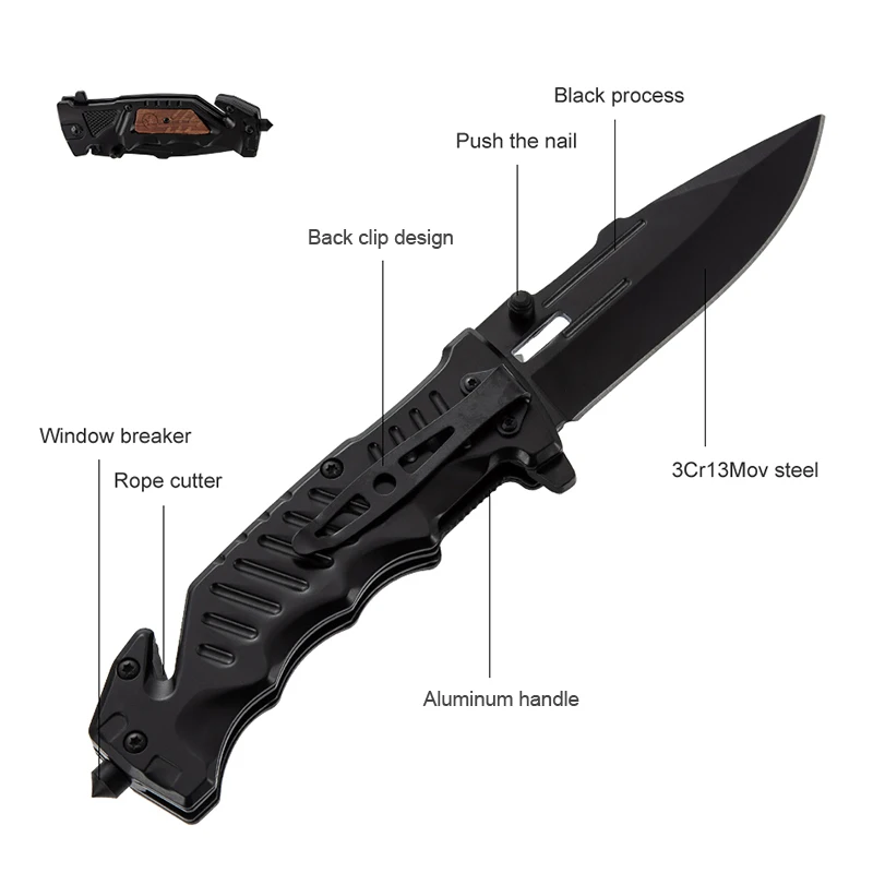 Free Sample New Black Coating 3CR13 Gift Knife Folding Tactical Multi Functional Outdoor Survival Pocket Knife With Rope Cutter