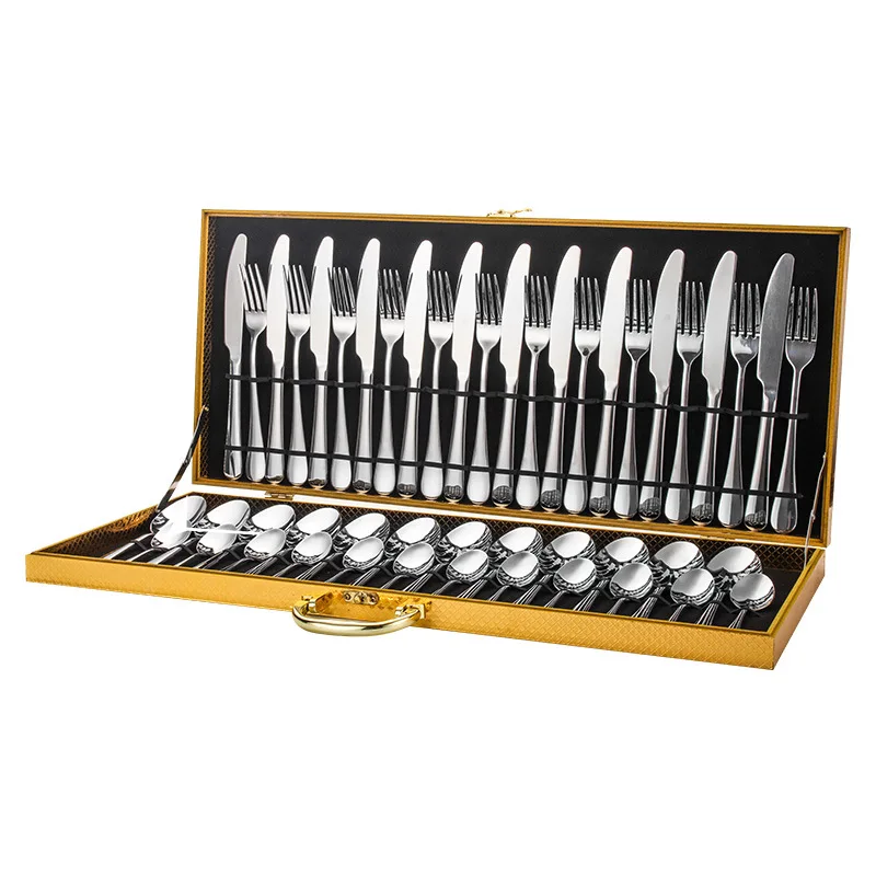 Custom Hotel Wedding Premium Durable Spoon Fork Knife Wooden Gift Box Silverware 48pcs Cutlery Luxury Gold Silver Flatware Set
