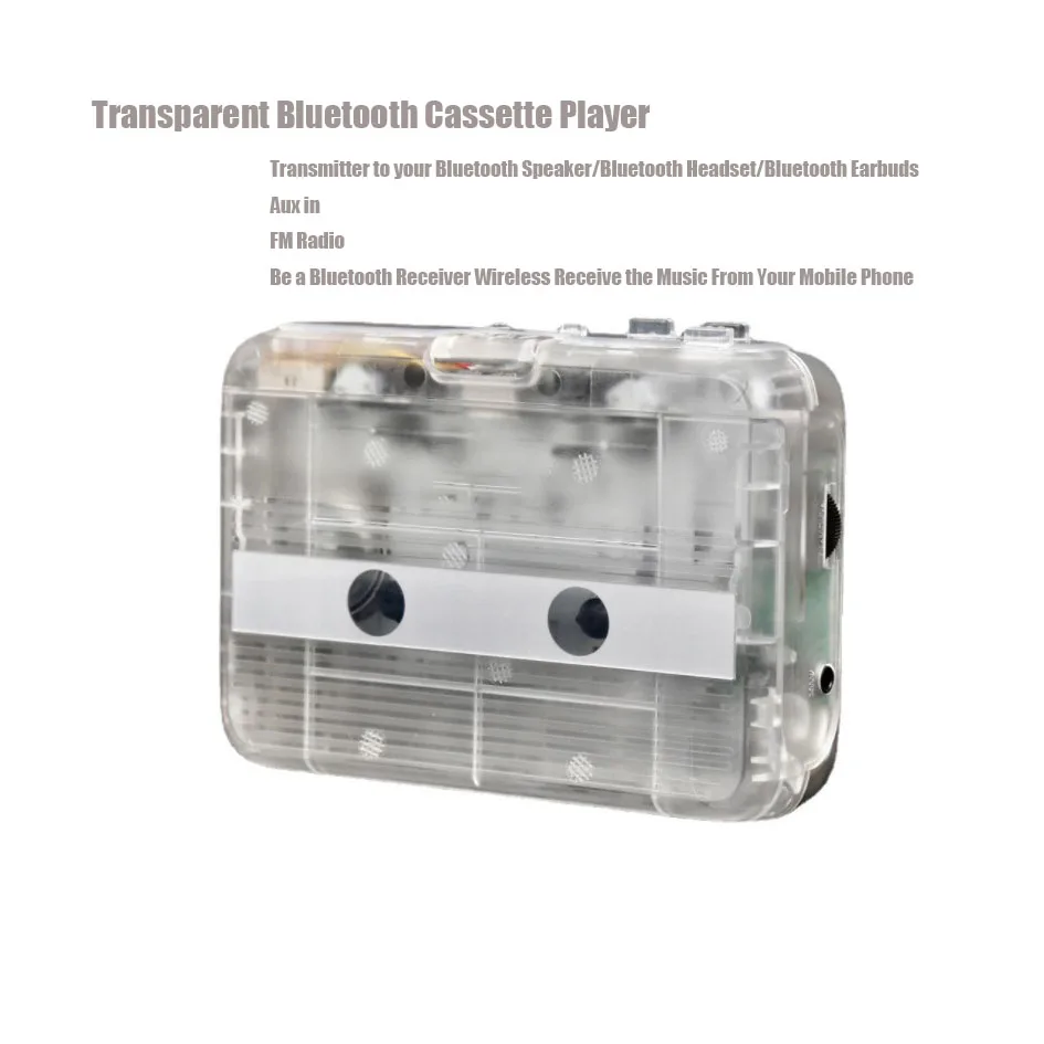 Amazon Best Seller Transparent Portable Cassette Player in FM Radio Blue tooth transmitter and Receiver with Auto-Rever Function