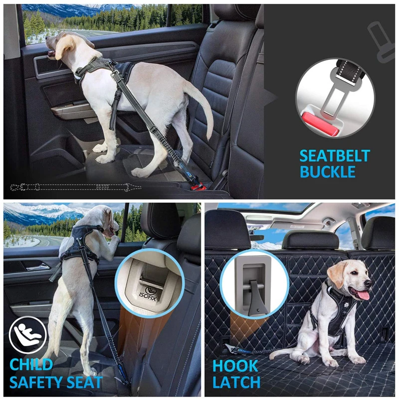 Dog Seat Belt Car Headrest 3 in 1 Dog Adjustable Seat BeltDurable Nylon Reflective Stretch Fabric Tether Strap Clip Hook Buckle