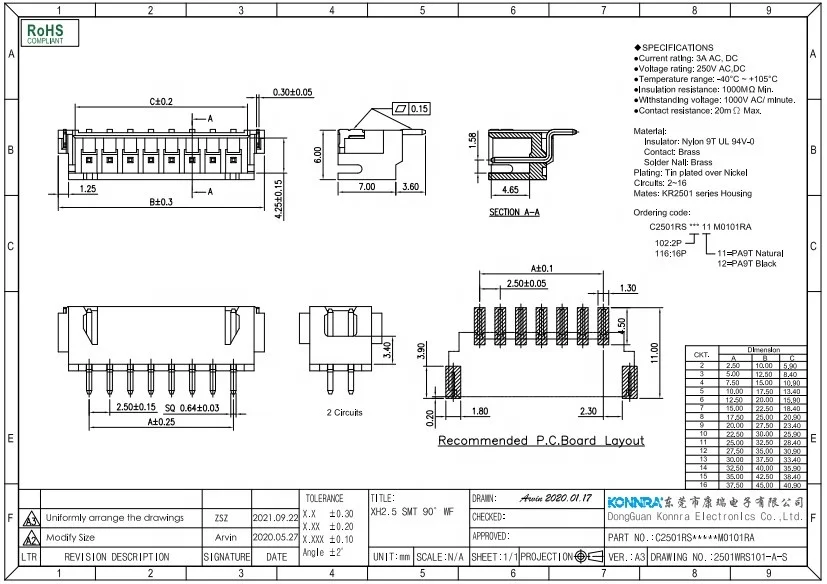KR2501 jst xh 2 3 4 5 6 pin 3pin terminal block pcb right angle 2.54 pitch connector for ID car reader