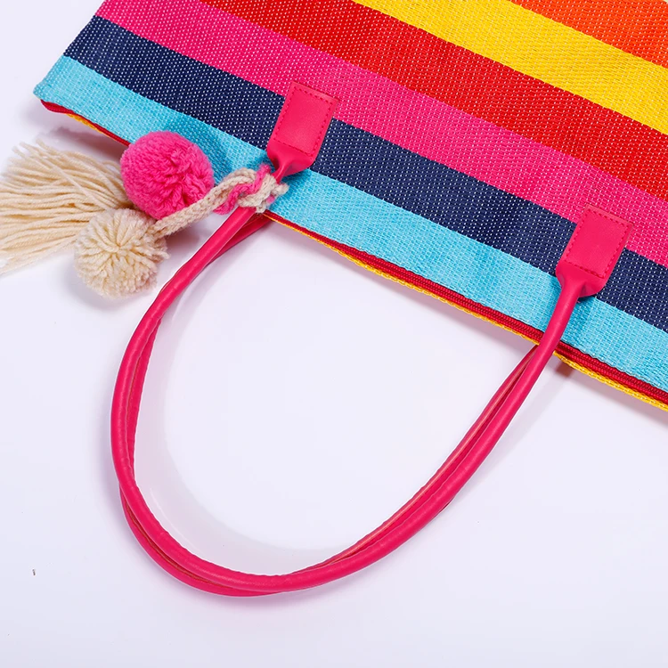 Handmade Lovely Travel Paper Fabric Tote Bag Rainbow Color Striped Pattern Beach Bags With Fluffy Tassels
