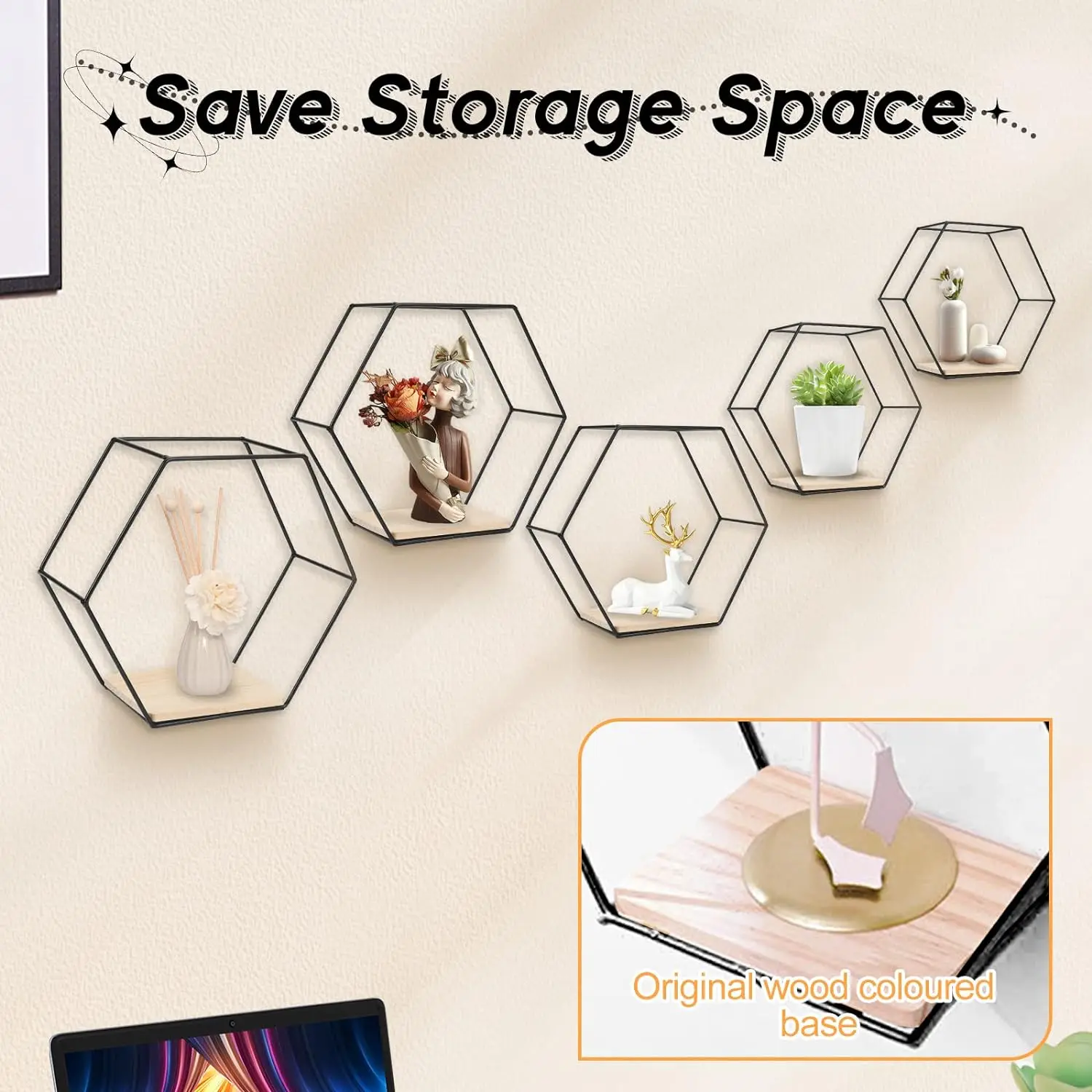 Wall Mounted Hexagonal Floating Shelves Black Set of 5 in Different Sizes Metal Wall Shelf Simple Wood Partition Storage Shelves