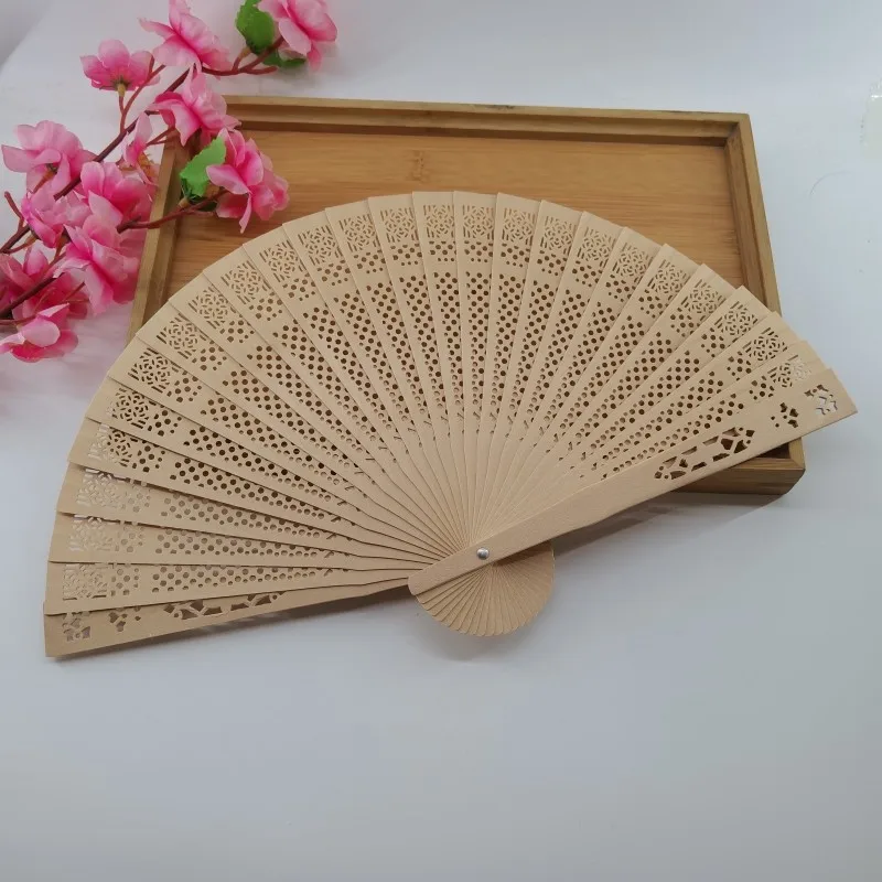 Wholesale Custom Logo Engraved Wood Folding Hand Fan High Quality Natural Wood Carved Handheld Fan Wooden Wedding Fans