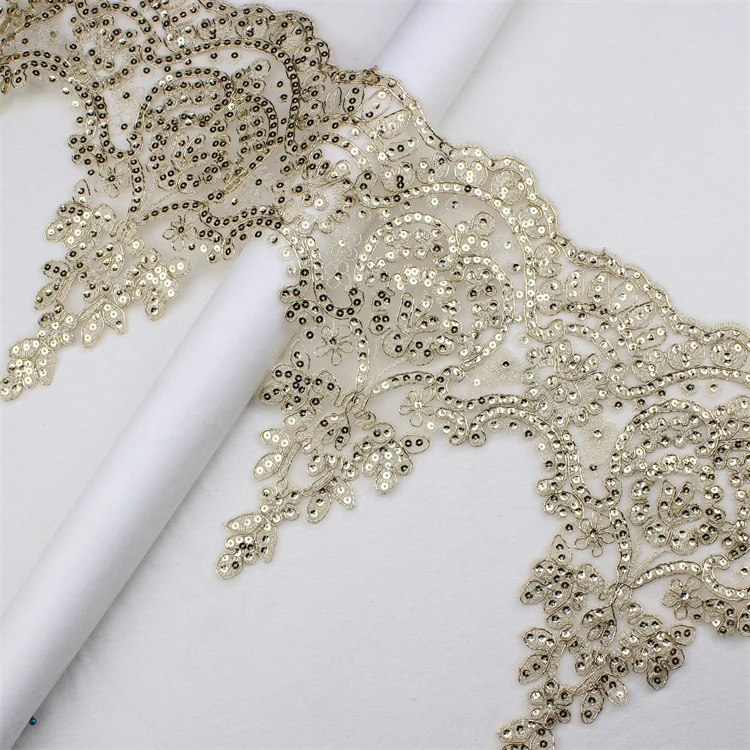 Popular Malaysia Wholesale Price Embroidered Gold Sequin Lace Fabric Embroidery Mesh Border Lace Trimming For Dress Decoration