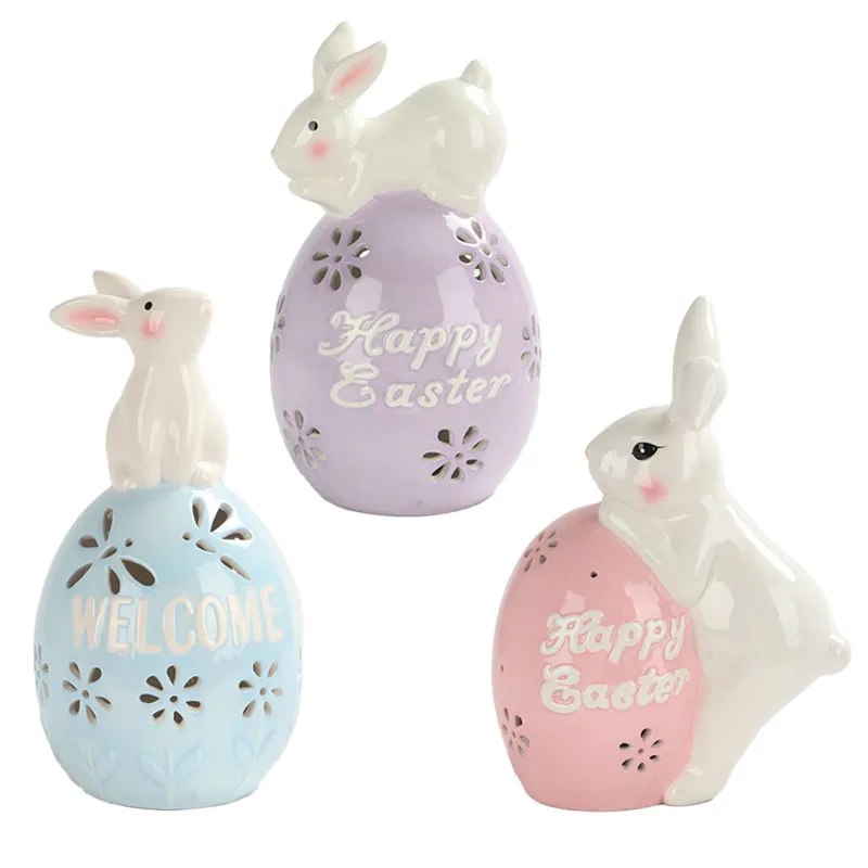 Ceramic Easter Eggs Series Craft Figurines Ornament Easter Egg Style series with LED Light Bunny Statue Luminous Home Decor