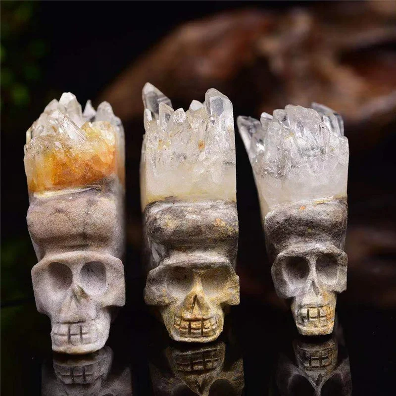Natural Stone Skulls Statue Reiki Crystal Carving Crafts Rough Clear Quartz Cluster Skulls for Wicca Gift