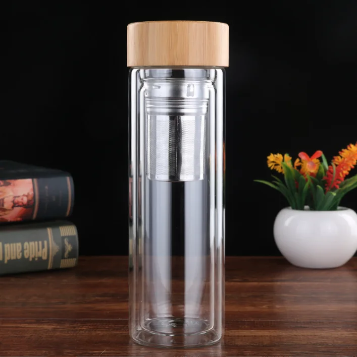 Eco bamboo lid private label insulated double wall glass water bottle with stainless steel tea infuser