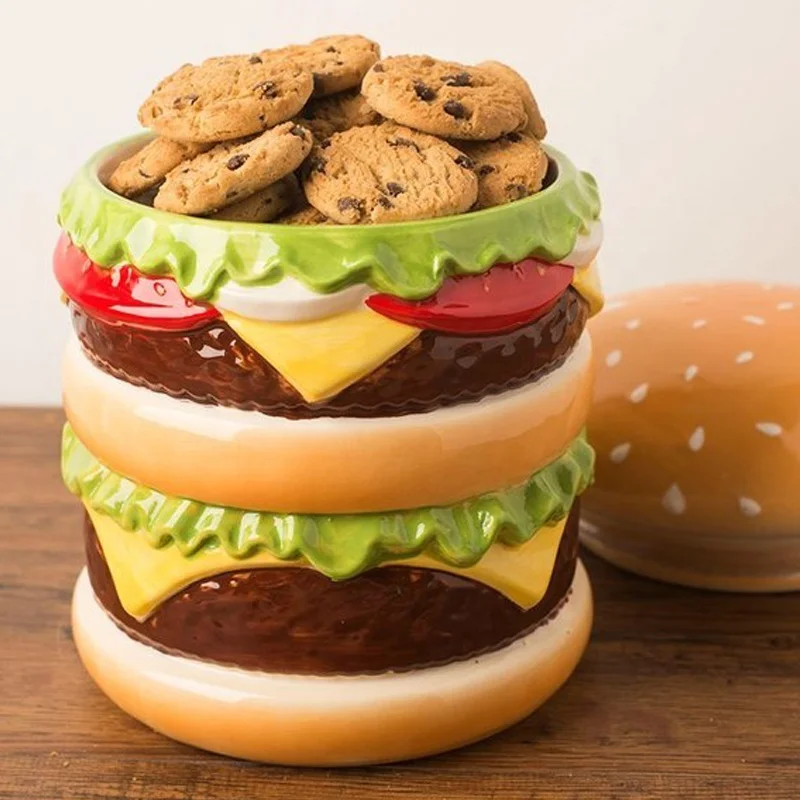 Custom handmade kitchen decor centrepiece hamburger burger shape storage canister porcelain chessburger cookie jar