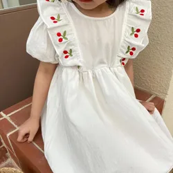 Bear Leader Korea Girls Summer Dress Cherry Embroidery Princess Dresses Flying Sleeve Children Casual Clothes Baby Girl Costume