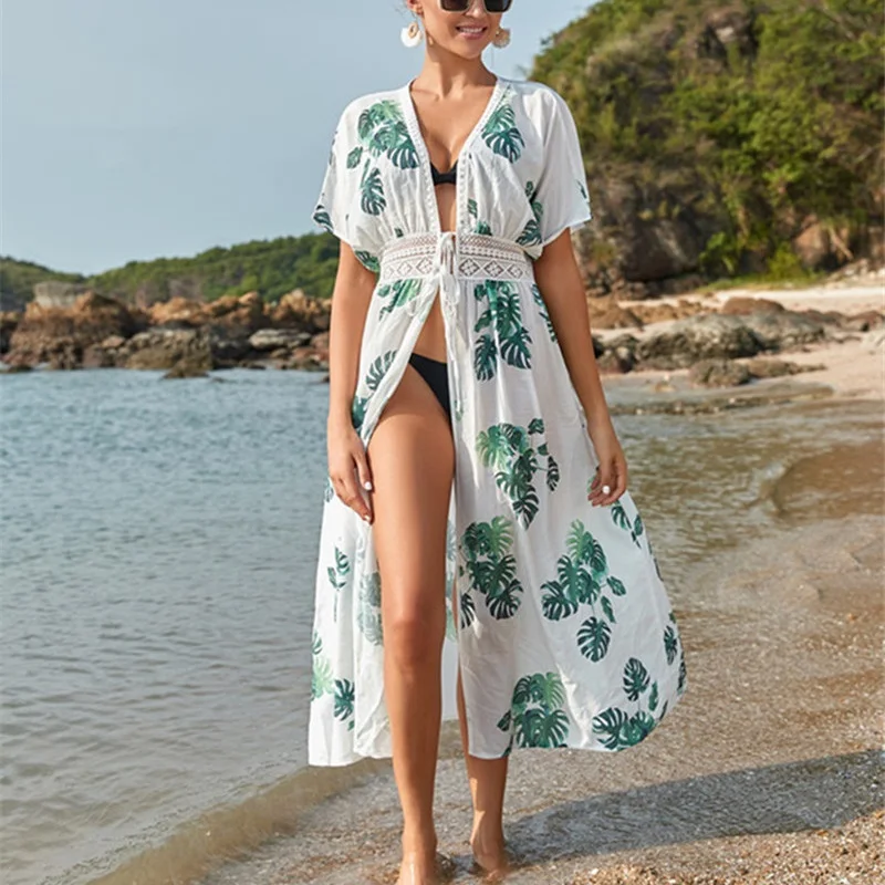 GIMILY Women Short Sleeve Lace Floral Print Kimono Casual Loose Swimwear Wrinkled Print Beach Dress Swimsuit Cover Up Plus Size