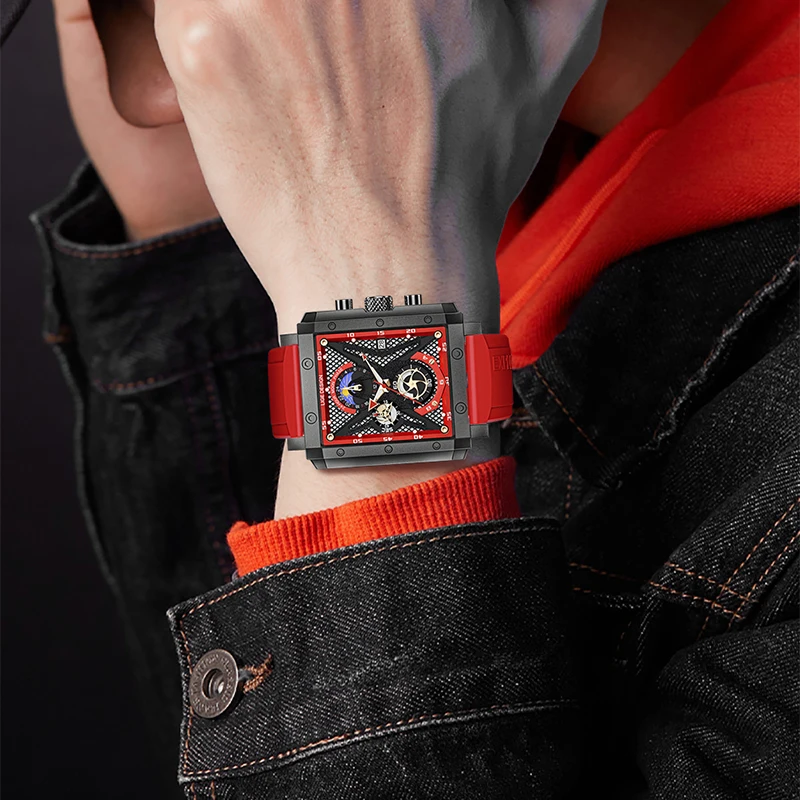 LIGE LG8965 luxury red male quartz watch cool rubber strap moon phase date display chronograph leisure wrist watch