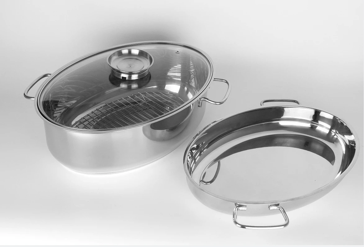 Oval Stainless Steel Turkey Roasting Pan with Encapsulated Bottom 4PCS  in One Set