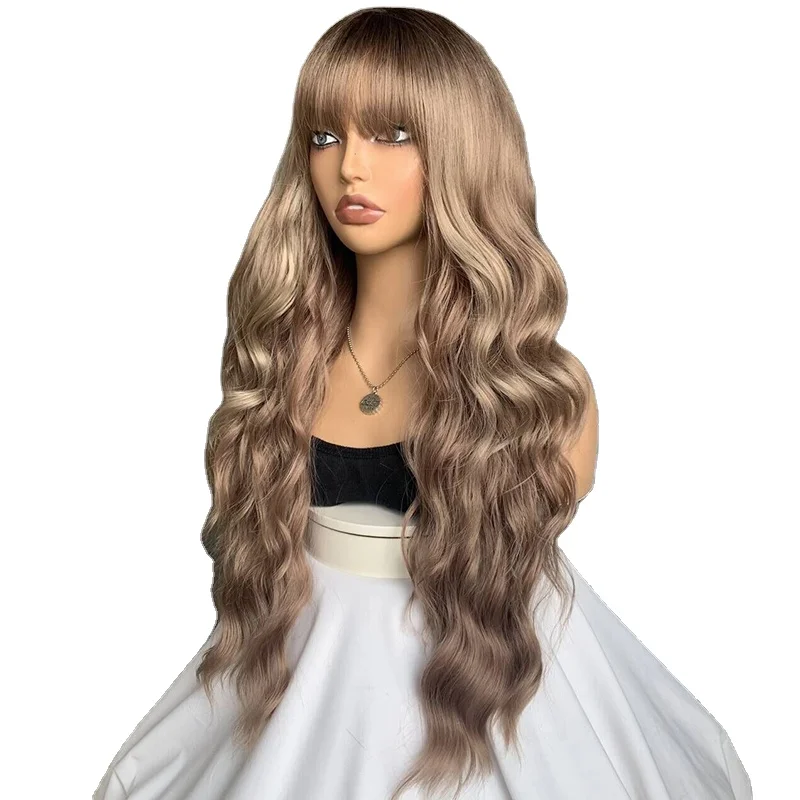 XISHIXIUHAIR Long Natural Straight Wave Hair with Side Part Bangs For Women Ombre Brown to Blonde Synthetic Wigs Daily Party Use