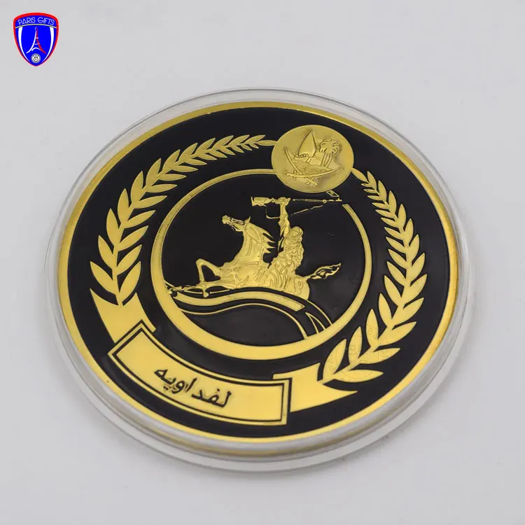 Wholesale high quality coins Saudi Arabia Qatar challenge coin gold plated hydraulic pressure coin with solid wood box