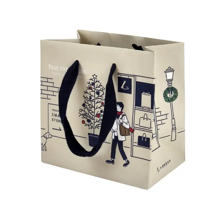 Wholesale Custom Embossed Logo Printing Square X Christmas Ribbon Handle Paper Bag with Logo
