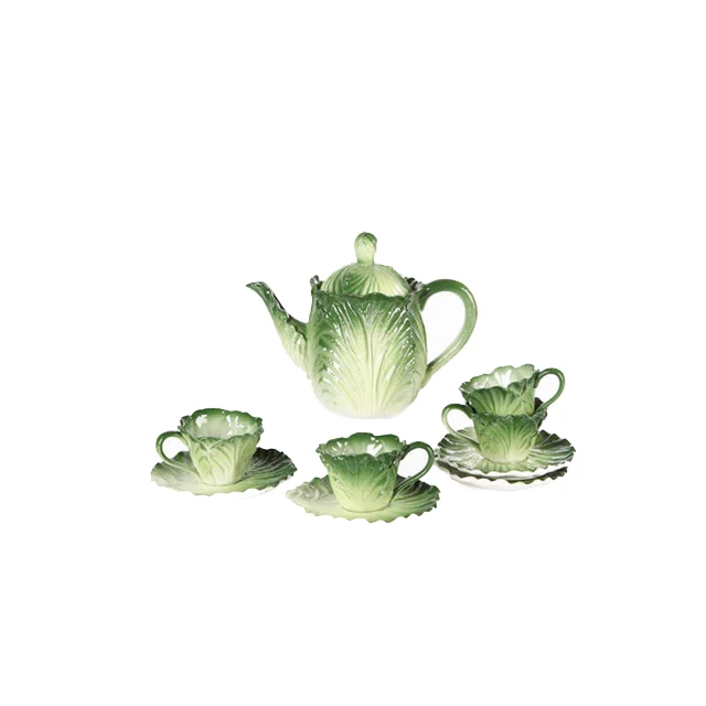 Custom hand painted cabbage shaped tea pots set unique design ceramic green coffee pot cup