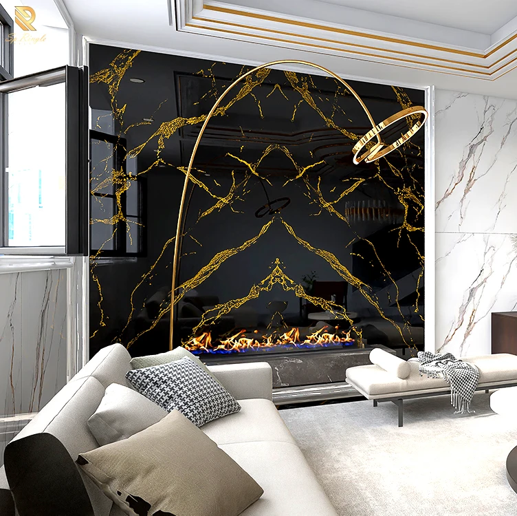 Black gold big porcelain marble glossy slab tile floor wall sintered stone glazed slab marble tile for living room decoration
