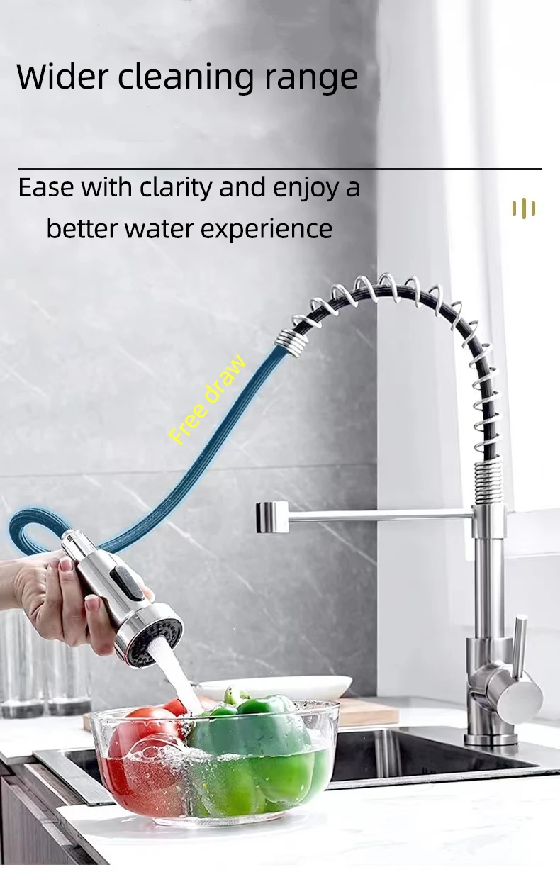 Deck Mounted  Stainless Steel Hot Cold Water Flexible Hoses Single Handle Pull-Out Kitchen Faucets