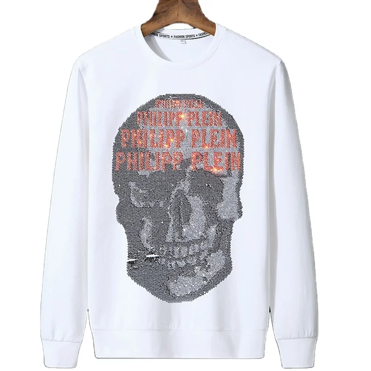 Wholesale newly design mens pullover sweatshirt flame autumn custom logo skull rhinestone hoodie