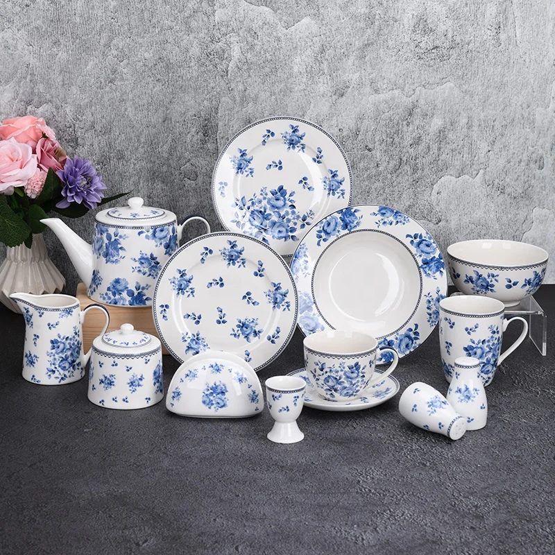 Vintage blue rose customized decorative white and blue drinkware teapot tea set for Gift