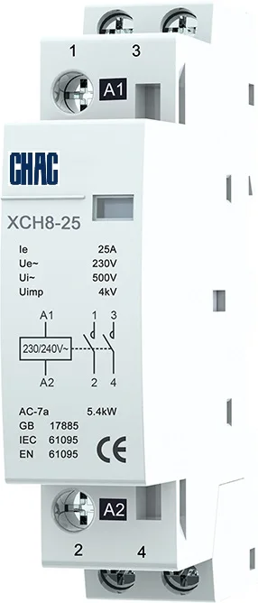CHAC brand Modular Contactor XCH8 2 poles 4 poles 16A 25A 40A 230V/400V DIN rail mount