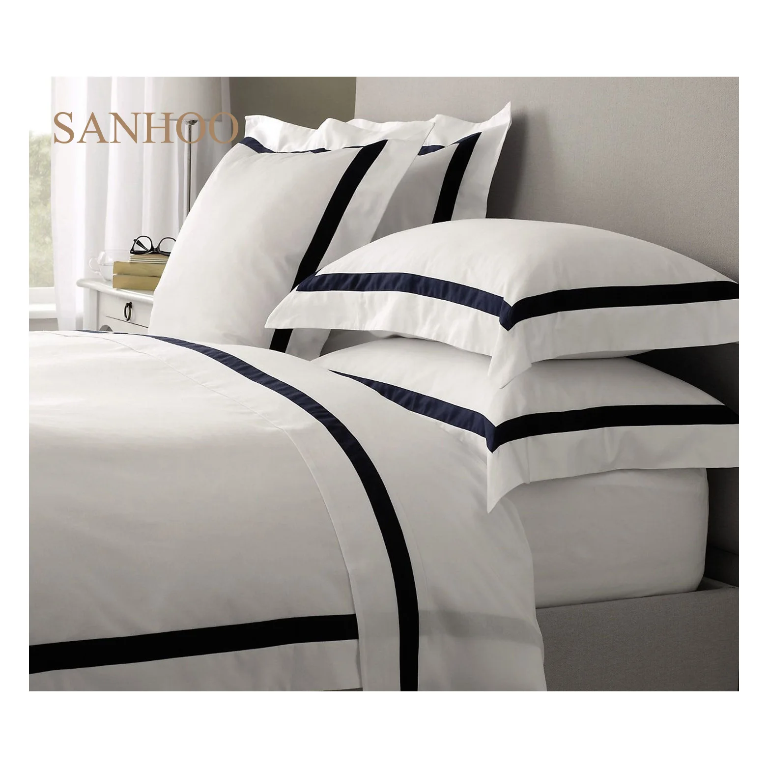SANHOO Luxury 100 Cotton 5 Star Hotel Bedding 400 Thread Count Queen Hilton White Fitted Bedsheet Set