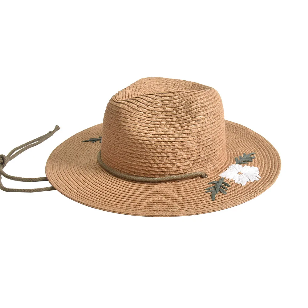 New design wide brim straw fedora hat embroidered summer beach straw panama hats with ribbon