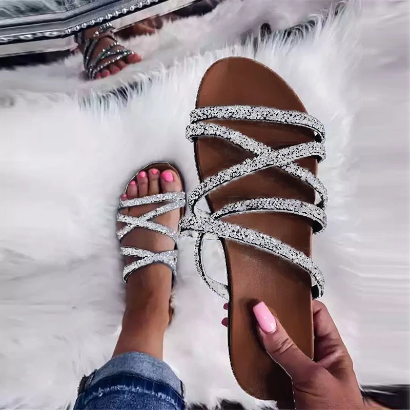 2022 Summer Fashion Casual Round Toe Rhinestones Ladies Bling Flat Sandals Shoes Women Sandal