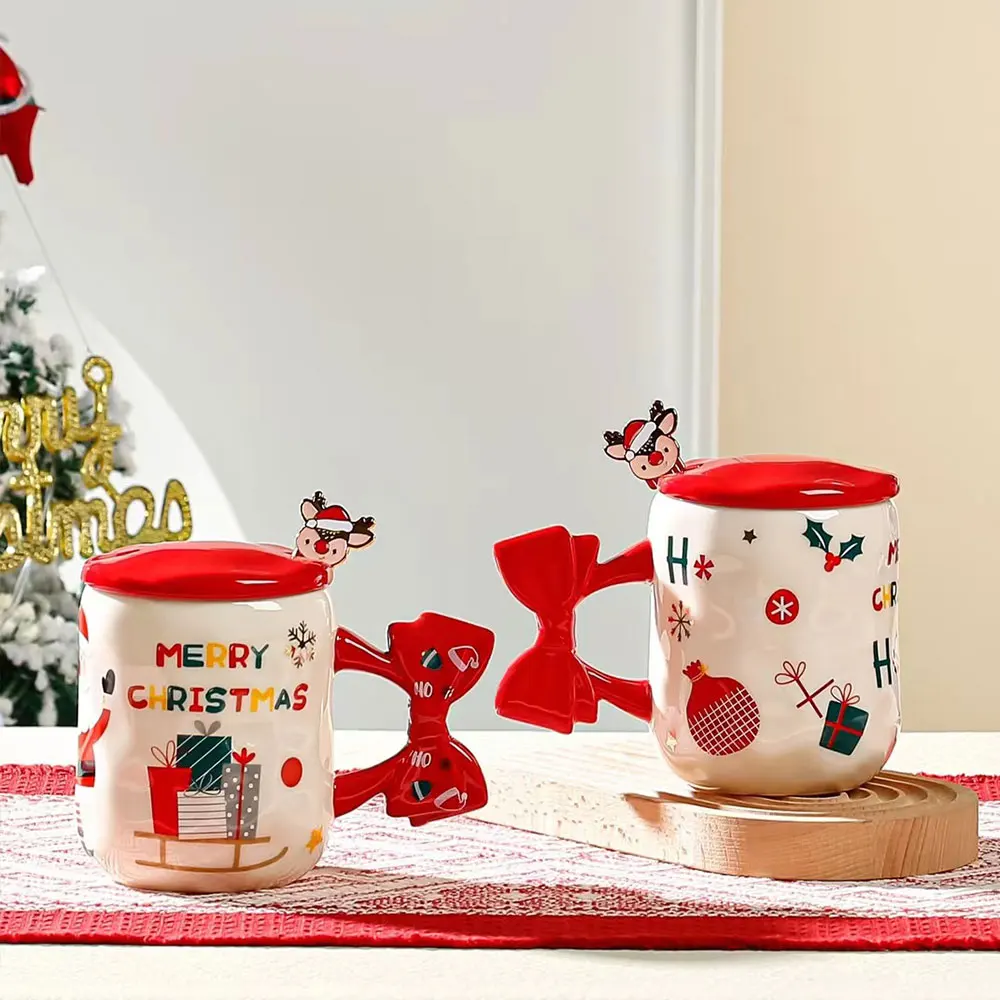Wholesale funny Christmas mug 450ml daily bow handle ceramic coffee mug with spoon and gift box