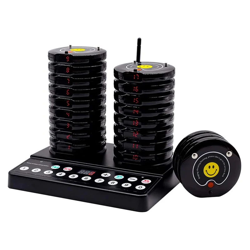 Daytech E-P1000-20 Restaurant Cafe Shop order waiting beeper pager system with 20 Coaster Pagers 1 Numeric Keypad Transmitter