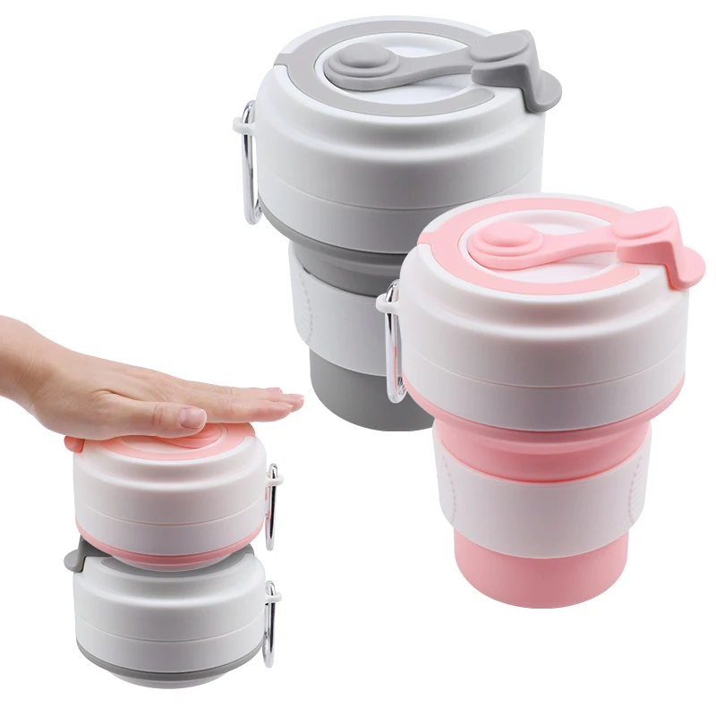 Portable Silicone Collapsible Folding Travel Mug 350ml Outdoor Foldable Silicone Coffee Water Cup Mug with Lid and Carabiner