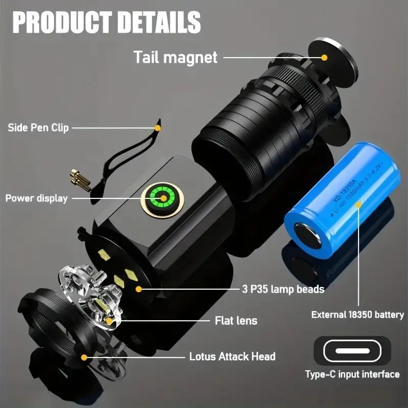 XHP35  Mini 3LED 1800mm  rechargeable waterproof with magnet hiking camping led torch flashlights