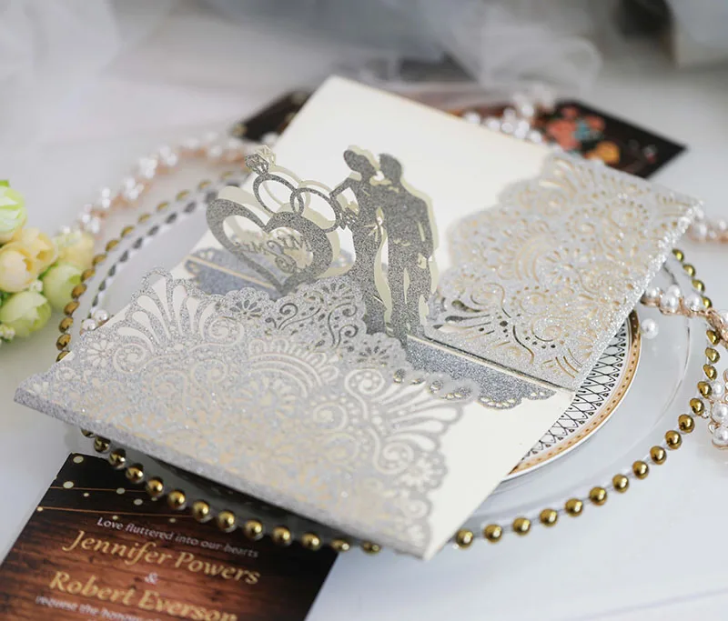 Hollow Bride Groom Glitter Invitations Luxury Wedding Cards With RSVP Cards