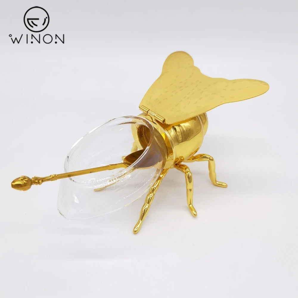 Classics Design Golden Plate Bee shape special tabletop decor honey jar restaurant metal crafts sugar salt sweet pot with spoon